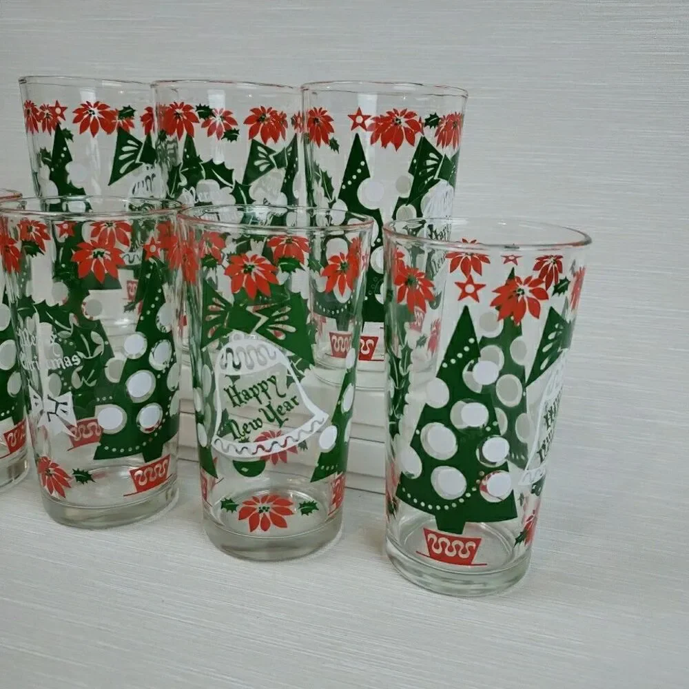 Vintage 7 Merry Christmas Happy New Year Cups Tumblers Continental Glass MCM